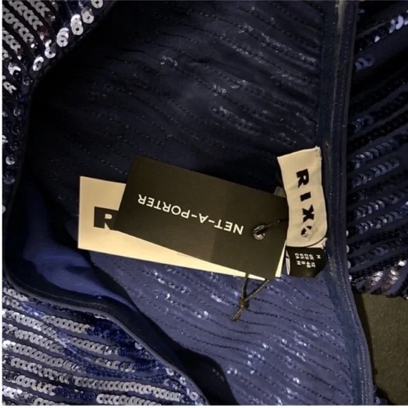 RIXO London Bradshaw Sequin beaded Dress One Sleeve Ombre Blue Metallic 8 NWT - Picture 6 of 11